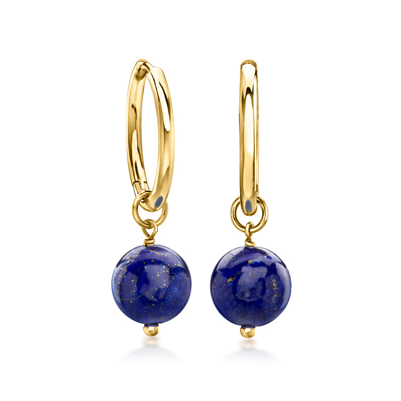 18kt gold over sterling hoop earrings with deep blue round drops