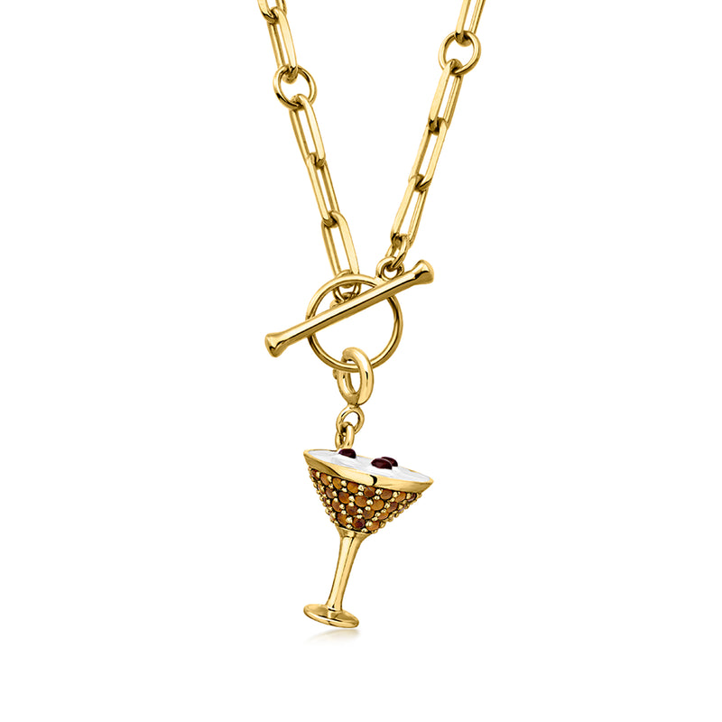 Gold pendant charm with martini glass and bar accent on open link chain