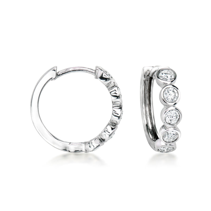 Sterling silver hoop earrings with three bezel-set round lab-grown diamonds