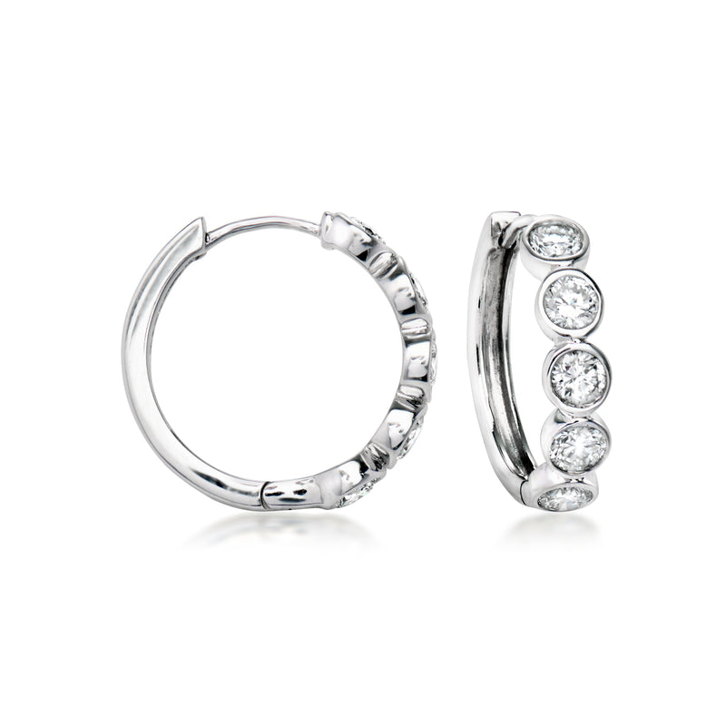 Sterling silver hoop earrings with four bezel-set round lab-grown diamonds