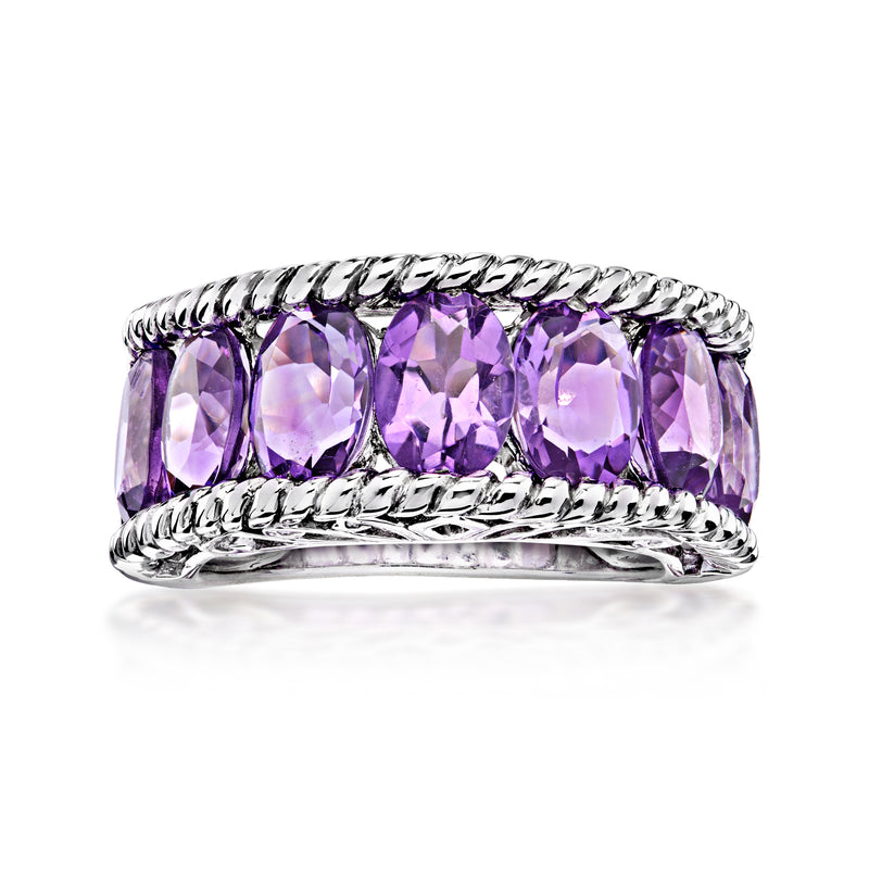 Sterling silver amethyst ring with five cushion-cut stones in a ribbed band