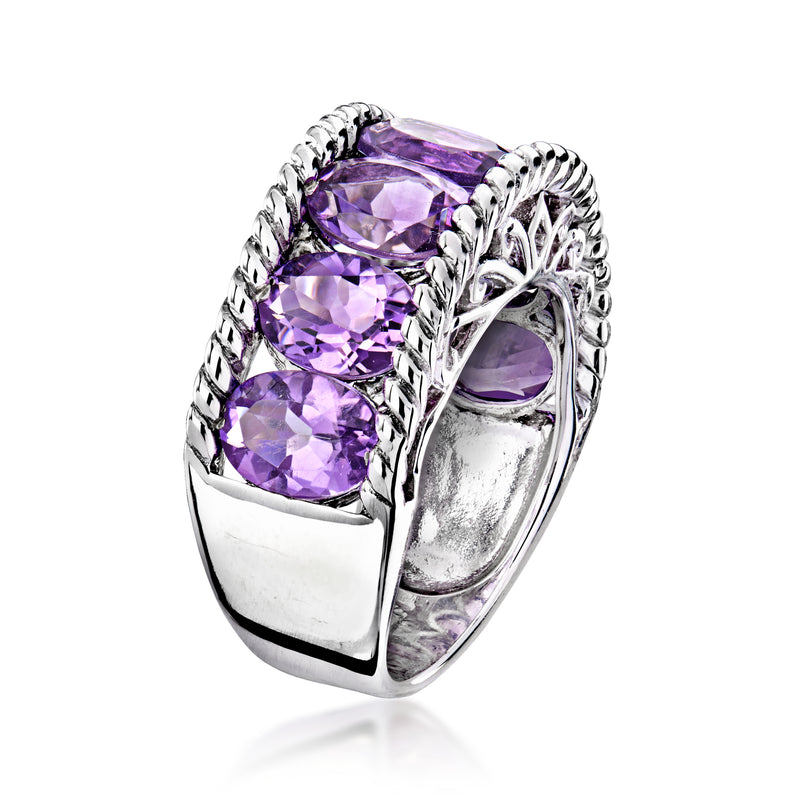 Sterling silver amethyst ring with cushion-cut stones and openwork side setting
