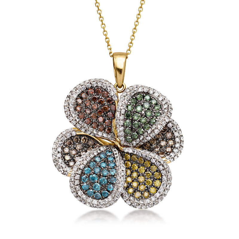 14kt yellow gold diamond flower pendant necklace with multicolor diamond petals