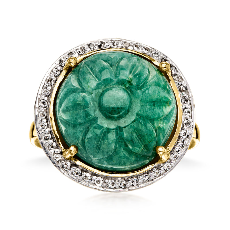 Green aventurine oval ring with diamond-look halo and gold bezel setting