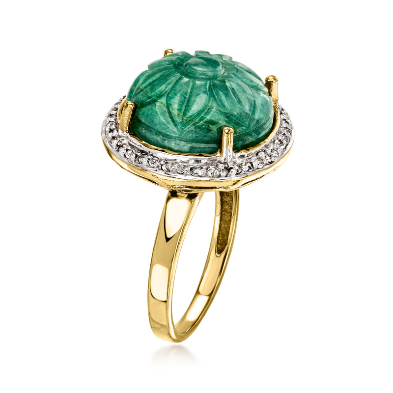 Green aventurine oval ring with prong setting, diamond-look halo, gold band