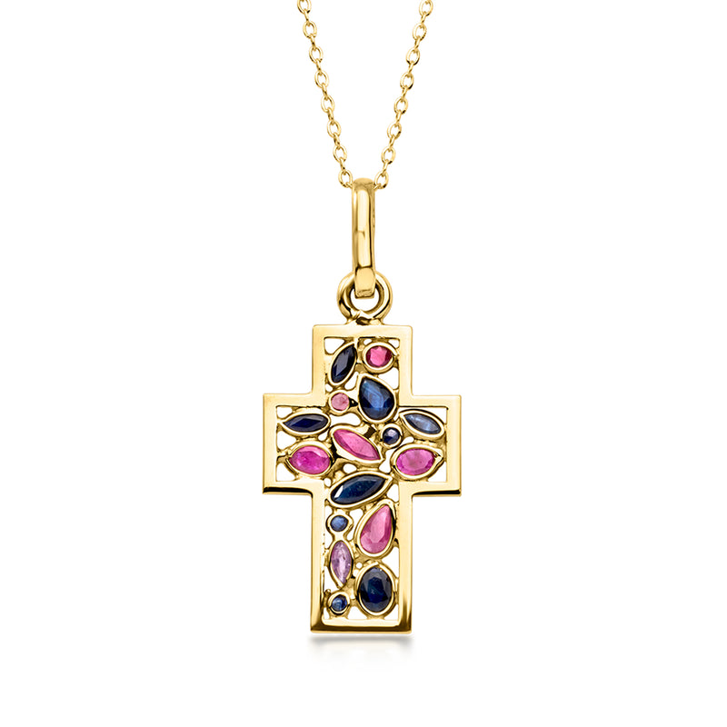 18k yellow gold cross pendant necklace with blue sapphire and pink ruby stones