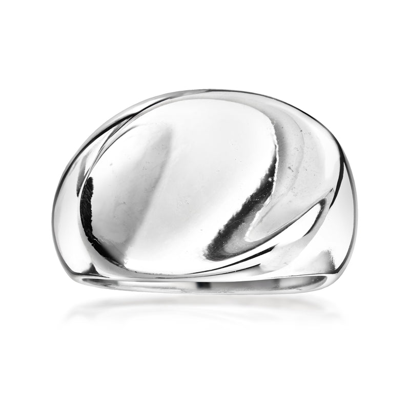 Vintage sterling silver curved band ring with a smooth reflective surface.