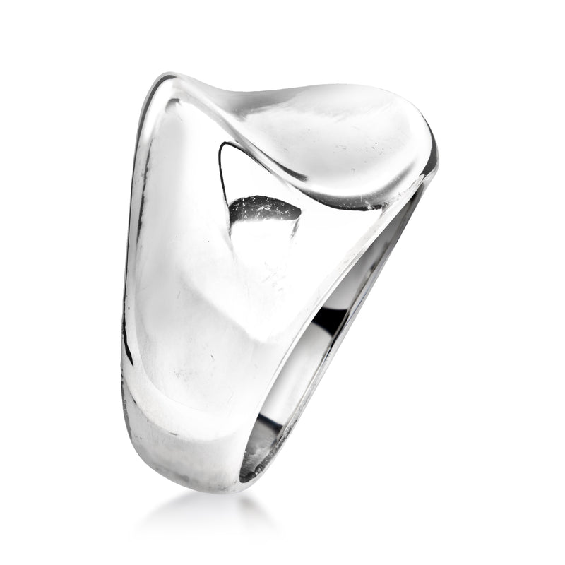 Curved sterling silver statement ring with a sculpted, mirror-like finish.