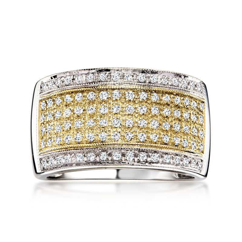 Two-tone gold multi-row diamond band ring with yellow center and white pave diamonds