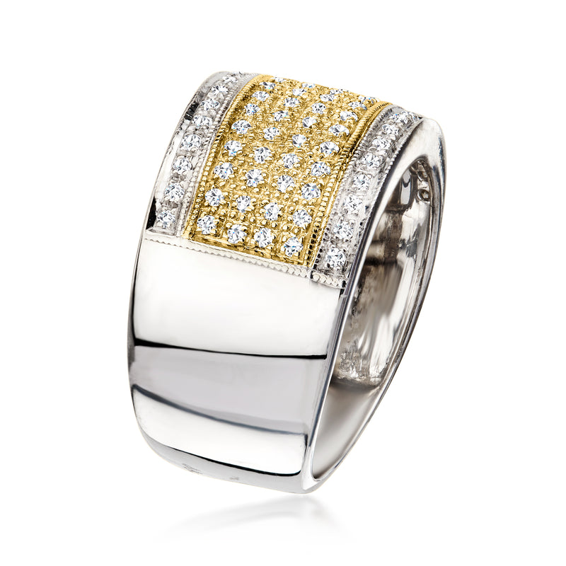 Side view two-tone gold diamond band with yellow center row and white pave edges