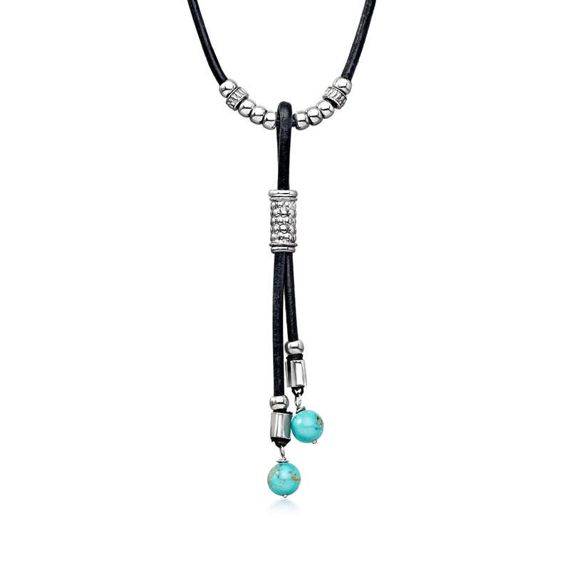 Turquoise and black leather cord necklace with sterling silver beads and turquoise pendant