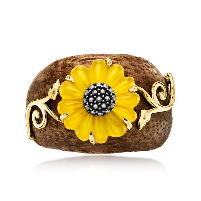 Sunflower ring with yellow gemstone petals, dark beaded center, goldtone filigree band