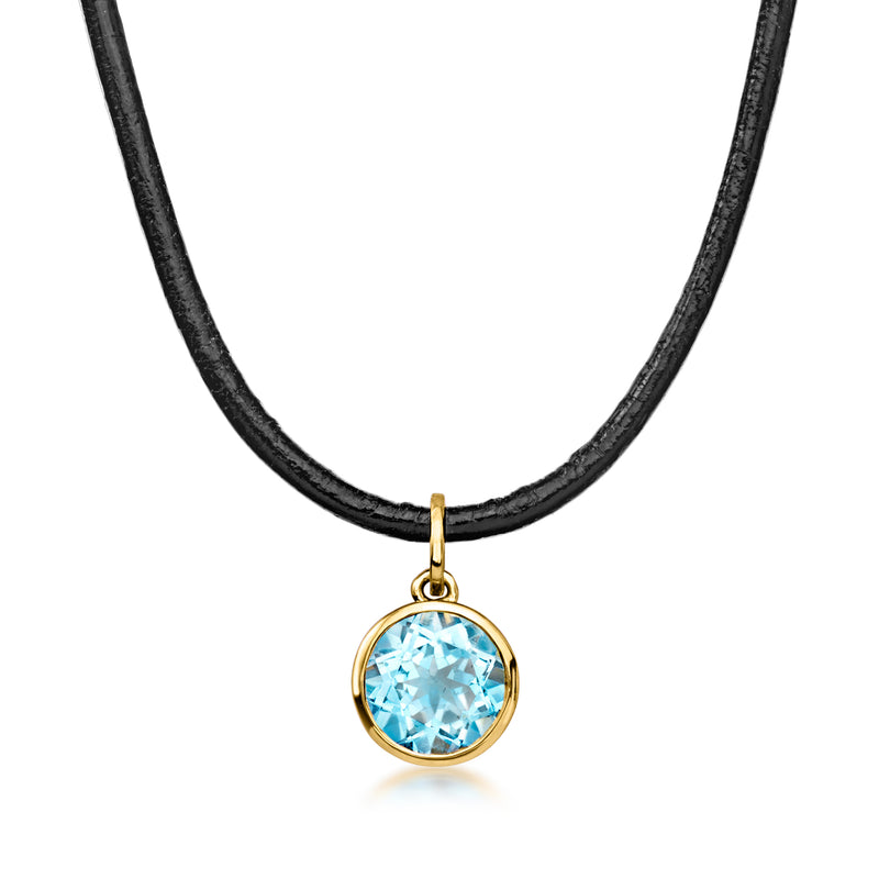 Blue topaz pendant necklace with black leather cord and gold bezel, round gemstone