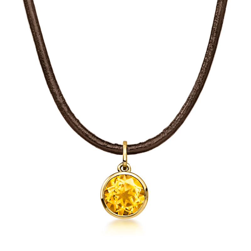 Brown leather cord necklace with round citrine gold pendant and clasp