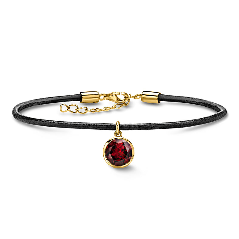 Black leather cord bracelet with round garnet pendant and gold-toned clasp