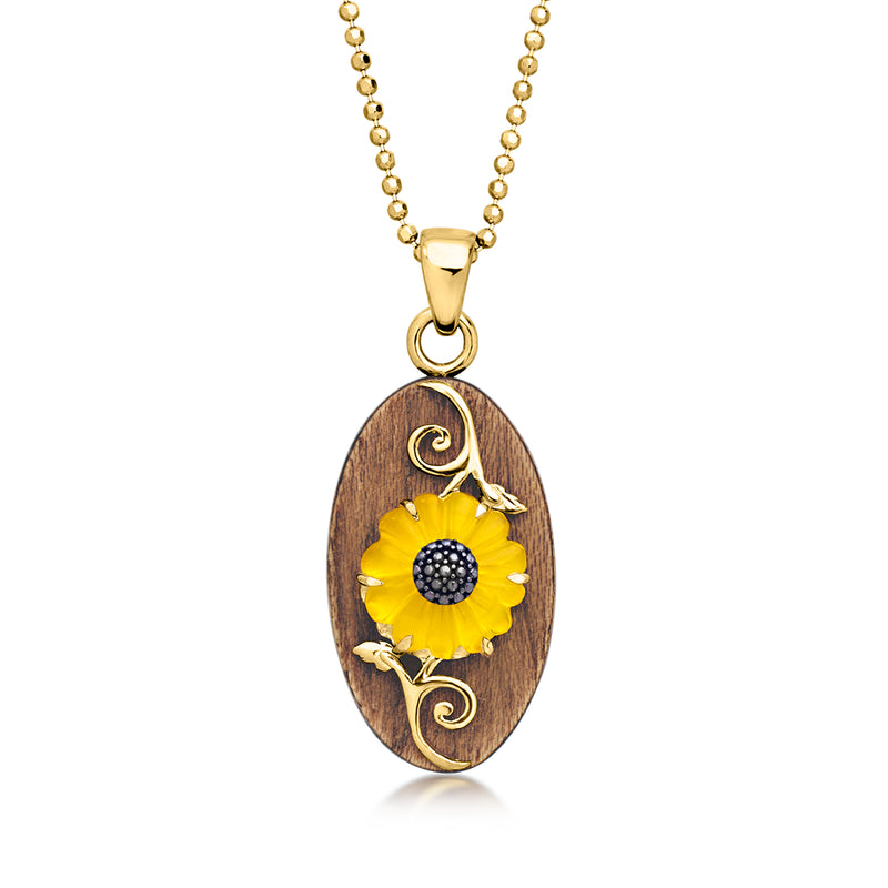 Gold-tone sunflower pendant necklace with oval wooden charm and yellow flower cabochon