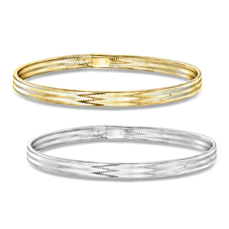 Two-tone mesh stretch bracelets set: yellow gold and silver tone, rectangular clasp