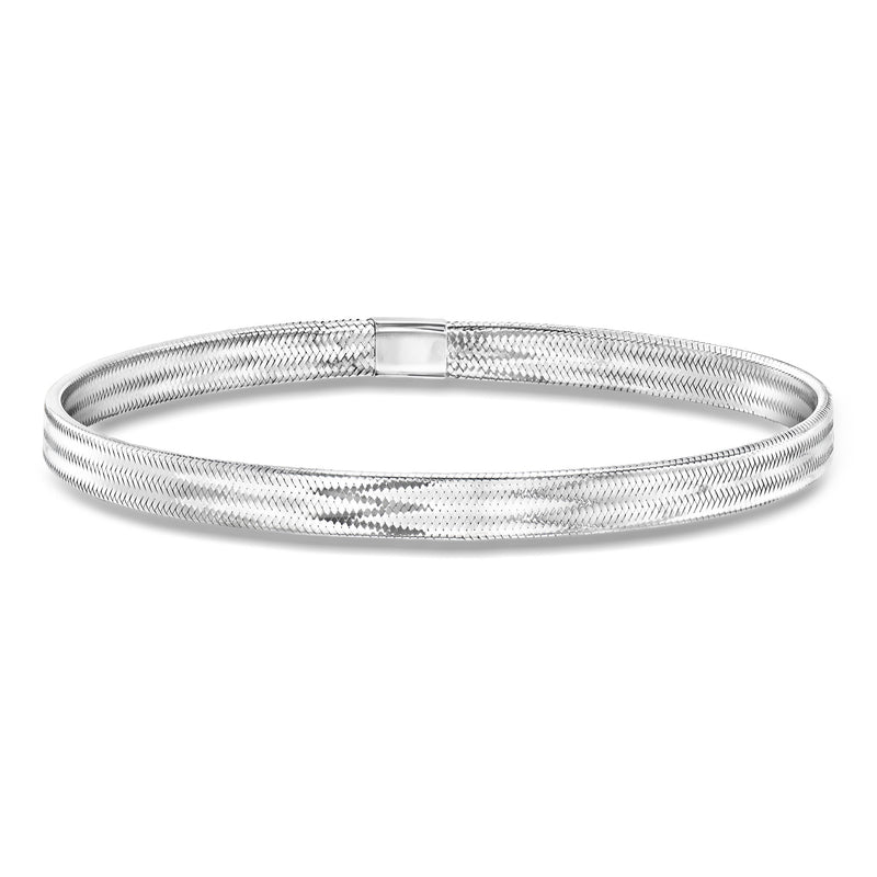 Silver tone mesh stretch bracelet with rectangular clasp