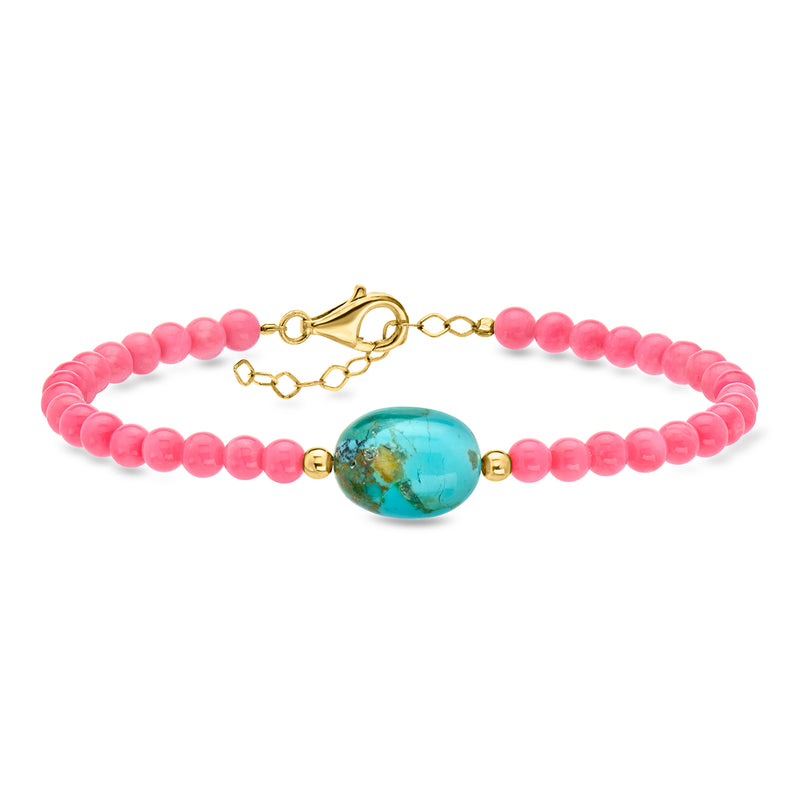 Pink coral bead bracelet with turquoise oval centerpiece and gold clasp, 4mm beads.