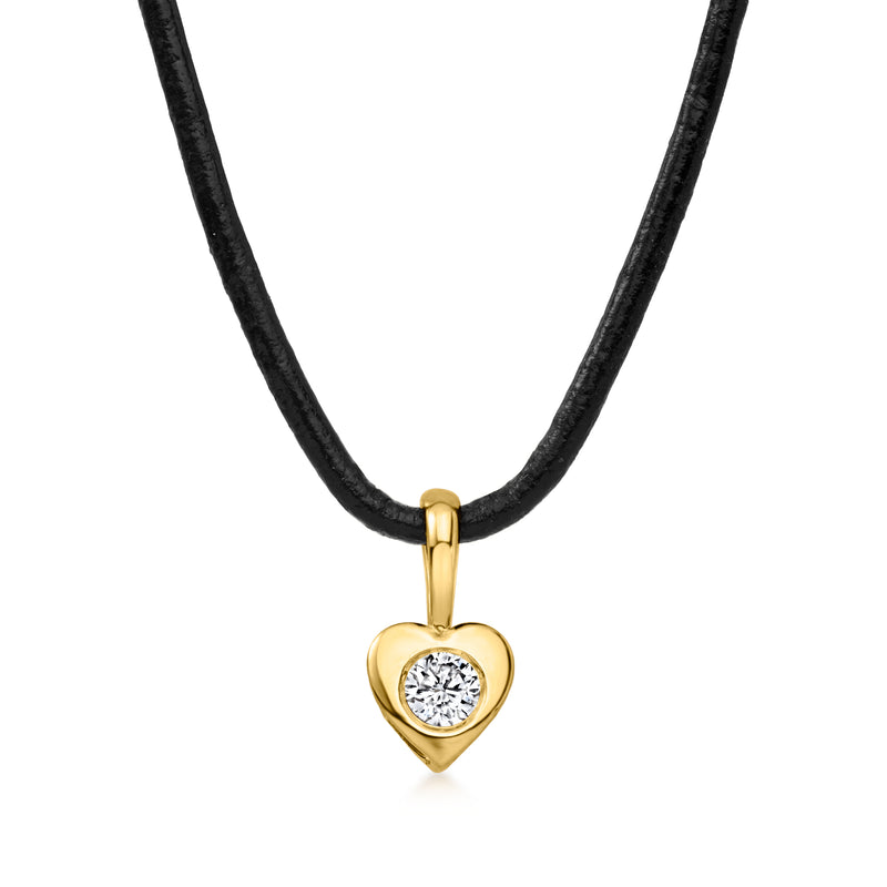 Gold heart pendant with round lab-grown diamond on black leather cord