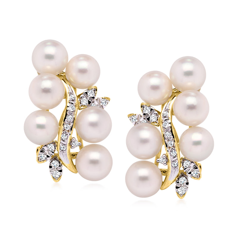 Cultured pearl cluster earrings in yellow gold with diamond accents, clip/post