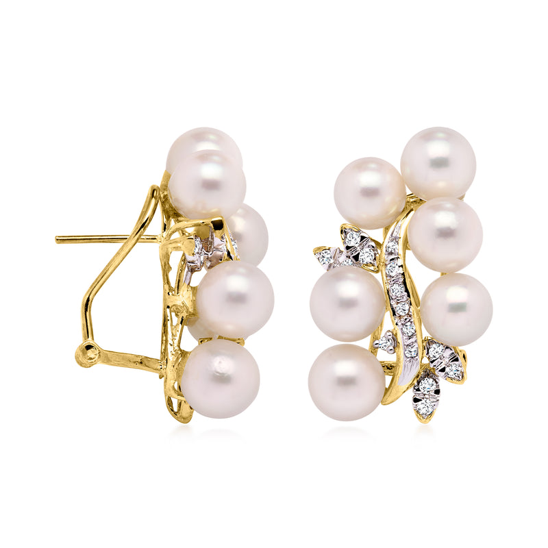 Cultured pearl cluster stud earrings in yellow gold with diamond accents, post backs