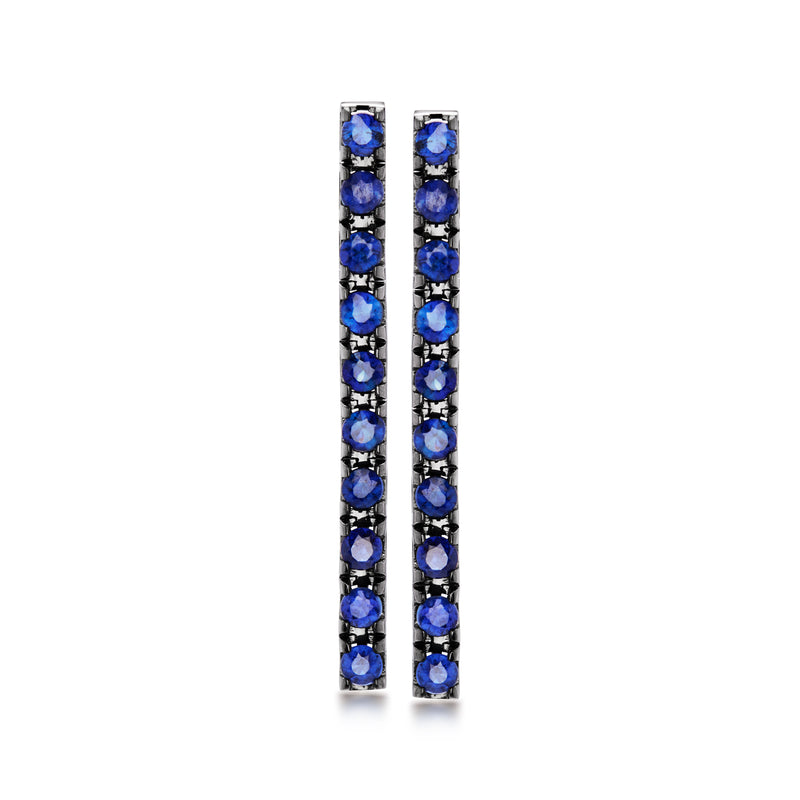 Sapphire linear drop earrings in 18kt white gold, vertical row of blue gemstones