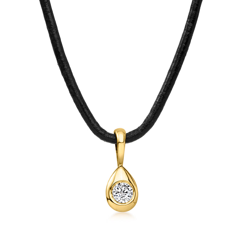 Gold teardrop diamond pendant on black leather cord necklace