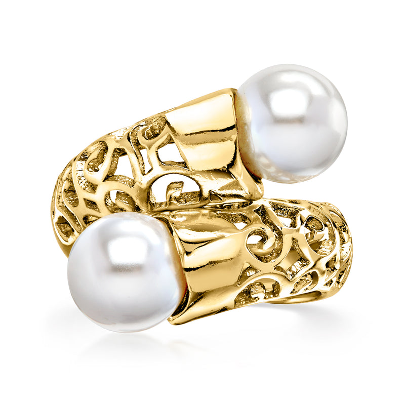 Yellow gold-plated bypass ring with two simulated white pearl accents