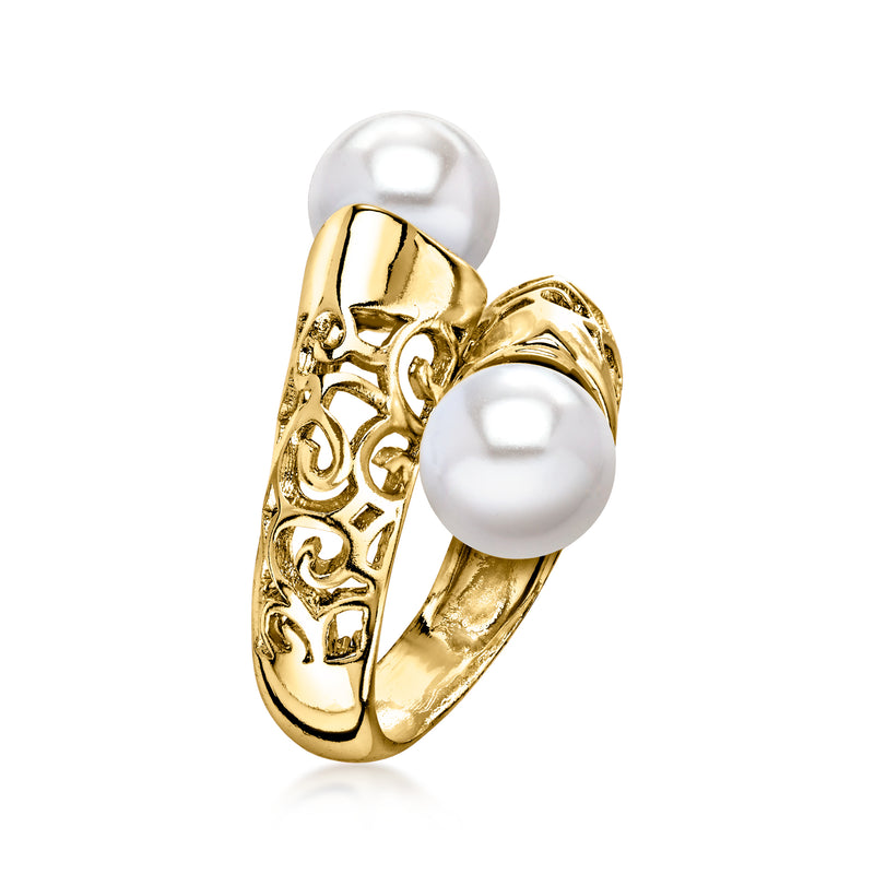 Yellow gold-plated filigree bypass ring with two simulated white pearls