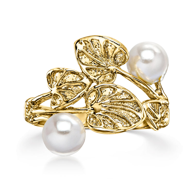 Yellow gold-plated leaf ring with three simulated pearl beads, openwork design