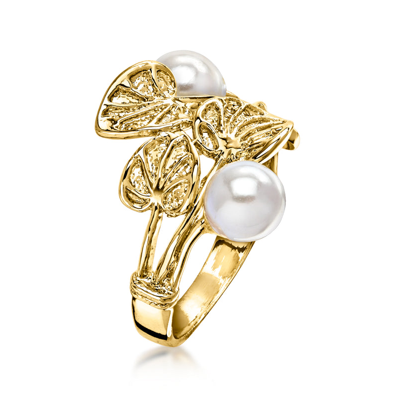Yellow gold-plated leaf ring with two large simulated pearls on side setting