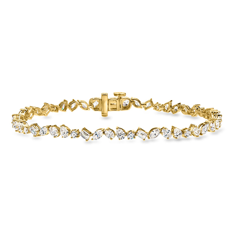 Gold over sterling diamond tennis bracelet with multi-shaped stones and box clasp