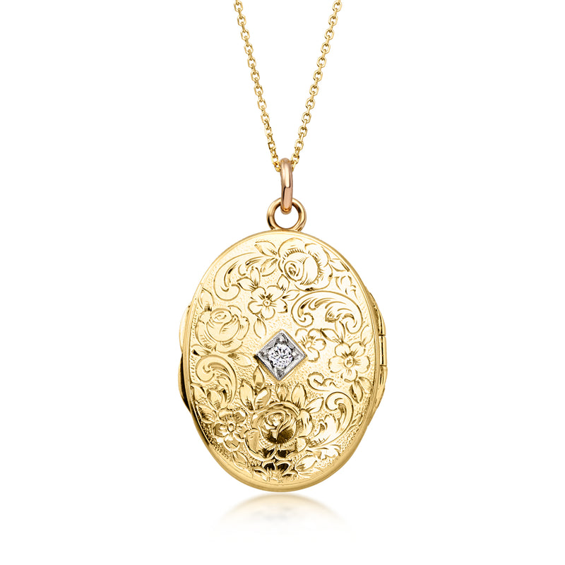 C. 1950 Vintage 14kt Yellow Gold Engraved Locket Necklace with Single Diamond. 18"