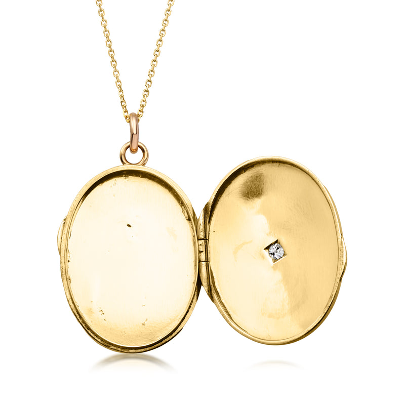 C. 1950 Vintage 14kt Yellow Gold Engraved Locket Necklace with Single Diamond. 18"