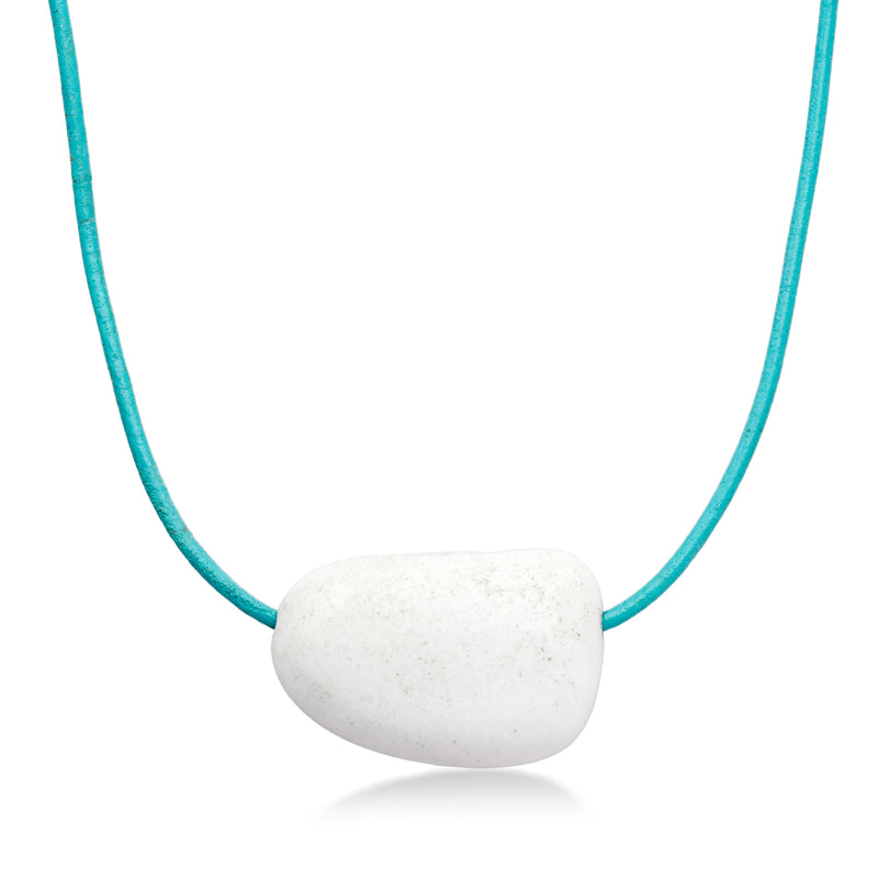 White quartz bead necklace on turquoise blue leather cord