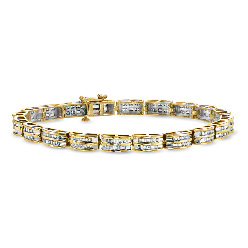 10kt yellow gold diamond tennis bracelet with rectangular link settings, hinged style