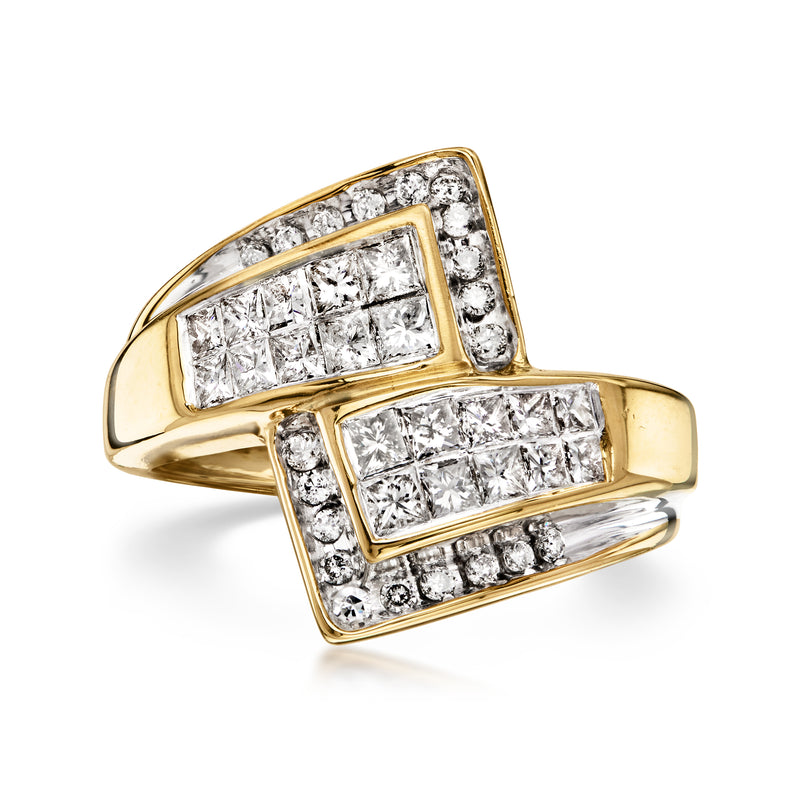 14kt yellow gold diamond bypass ring with square cluster settings