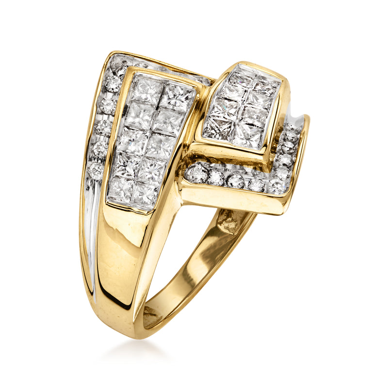 Yellow gold bypass diamond ring with square center stone and bezel-set diamonds