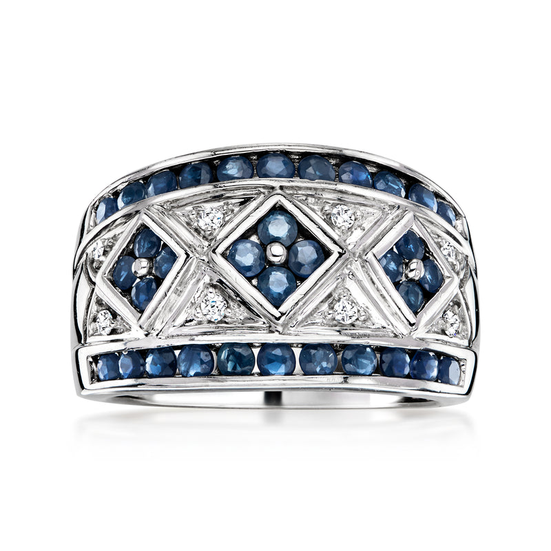 White gold ring with blue sapphires and diamond accents in vintage-style setting