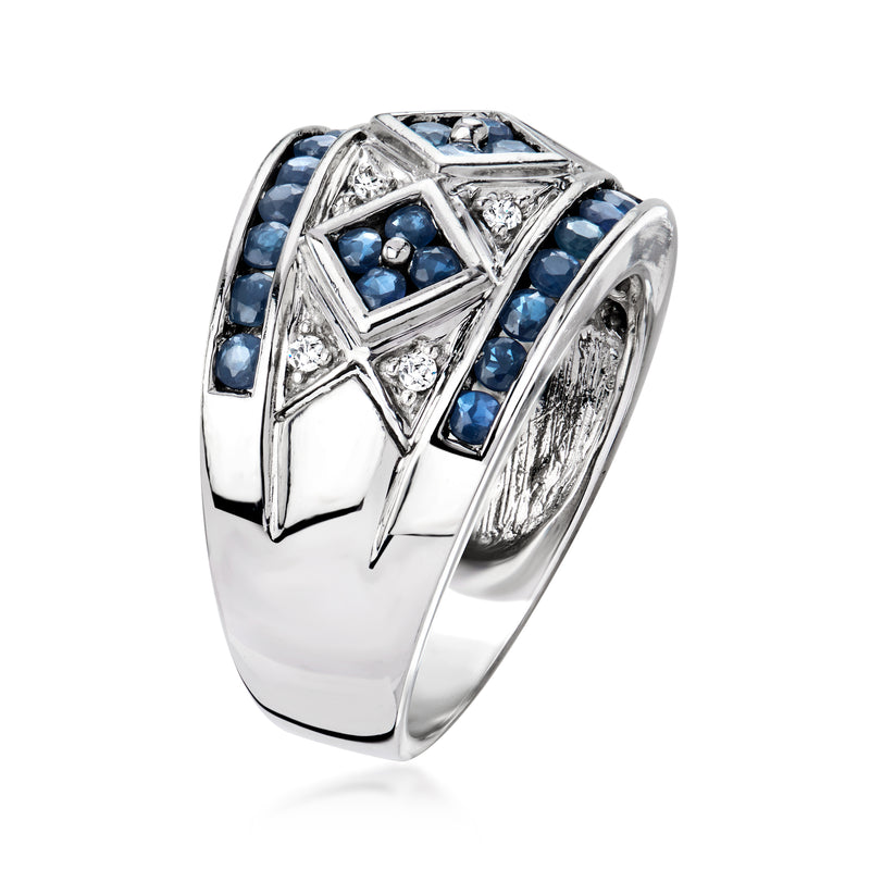 White gold ring with blue sapphire bands and diamond lattice design, side profile