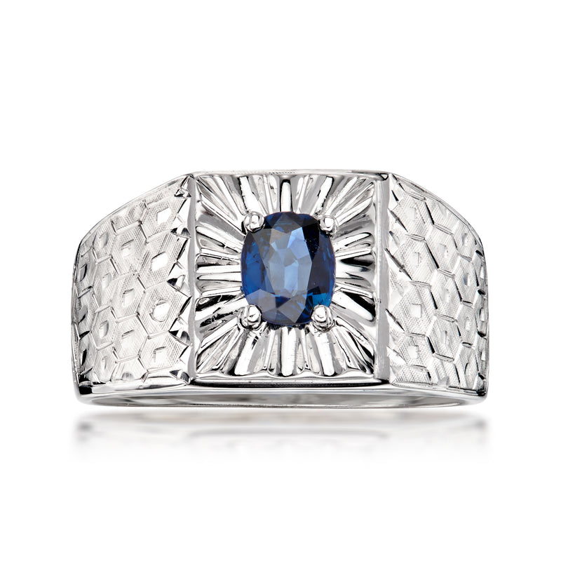 Vintage men’s white gold ring with oval blue sapphire and textured geometric band