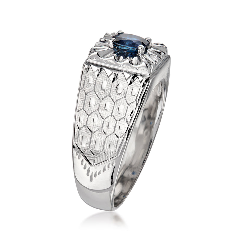 Vintage men’s white gold ring with side view of oval blue sapphire, engraved band