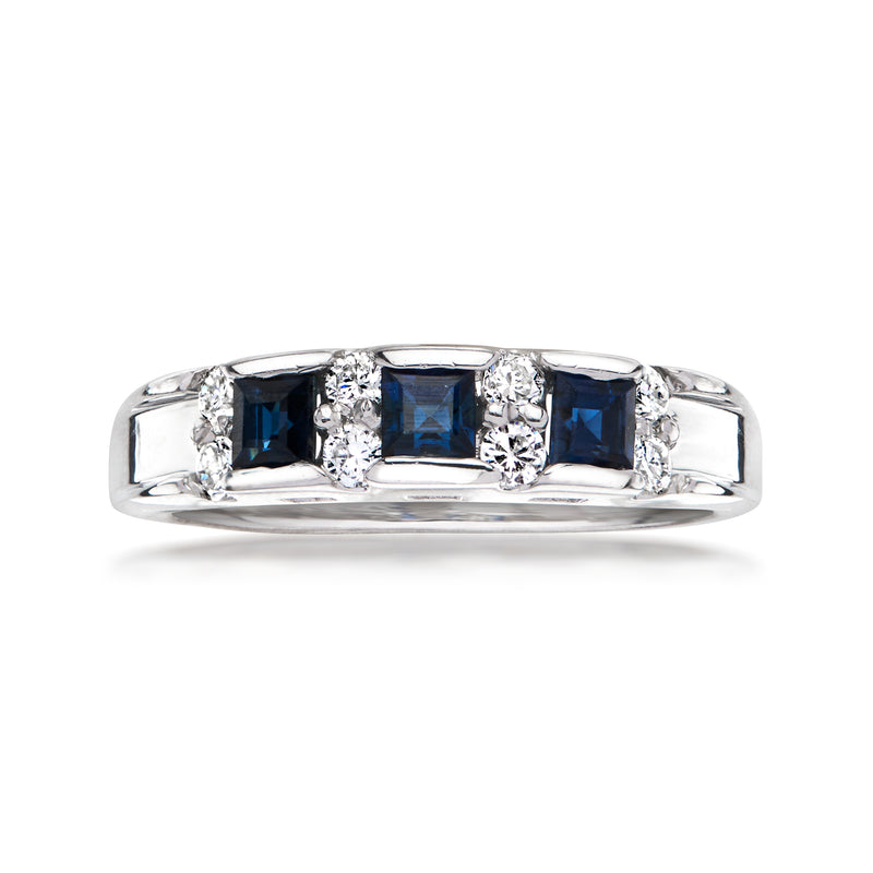 Vintage 14kt white gold ring with square blue sapphire and diamond accents