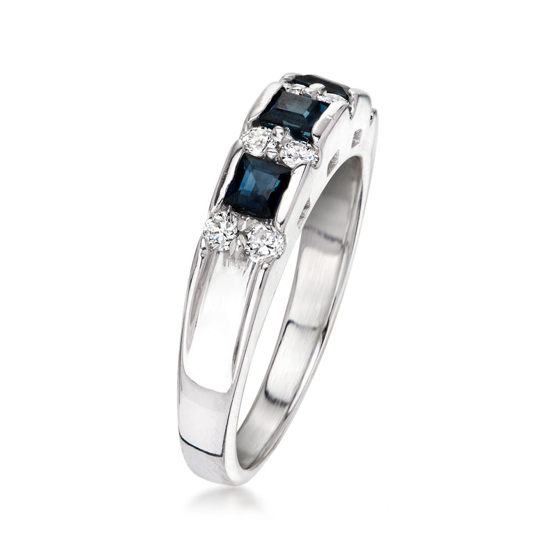 14kt white gold ring angled view with square blue sapphire and round diamonds