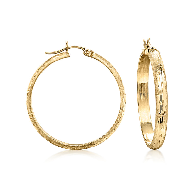 Vintage 14kt yellow gold etched hoop earrings, hinged clasp, round profile pair