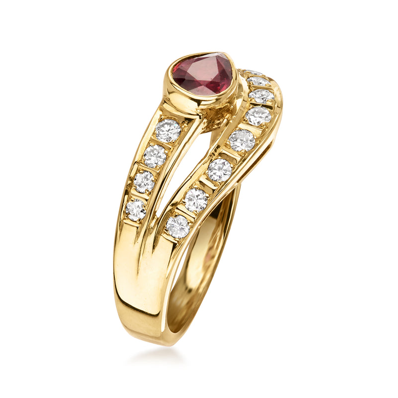 Yellow gold bypass ring side view with oval ruby bezel and channel-set diamond rows