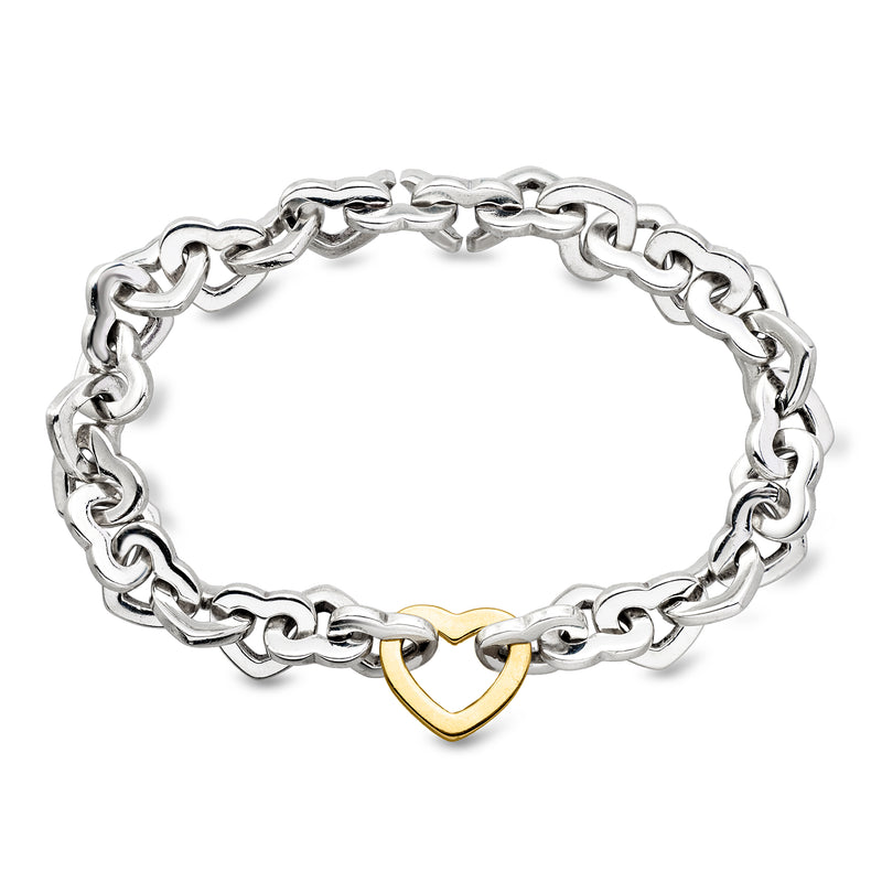 Sterling silver heart link bracelet with small 18kt yellow gold heart accent