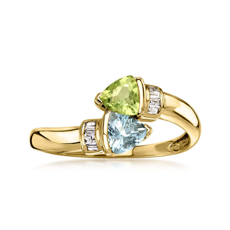 10kt yellow gold bypass ring with sky blue topaz, peridot, and diamond accents