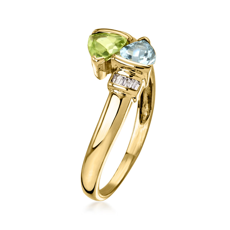10kt yellow gold bypass ring, green peridot and sky blue topaz with diamond bands